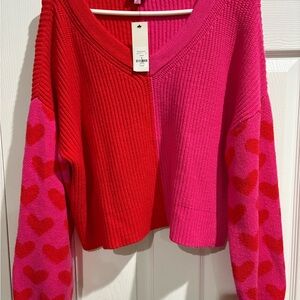 Francesca's Collections Pink and Red Heart V-Neck Sweater